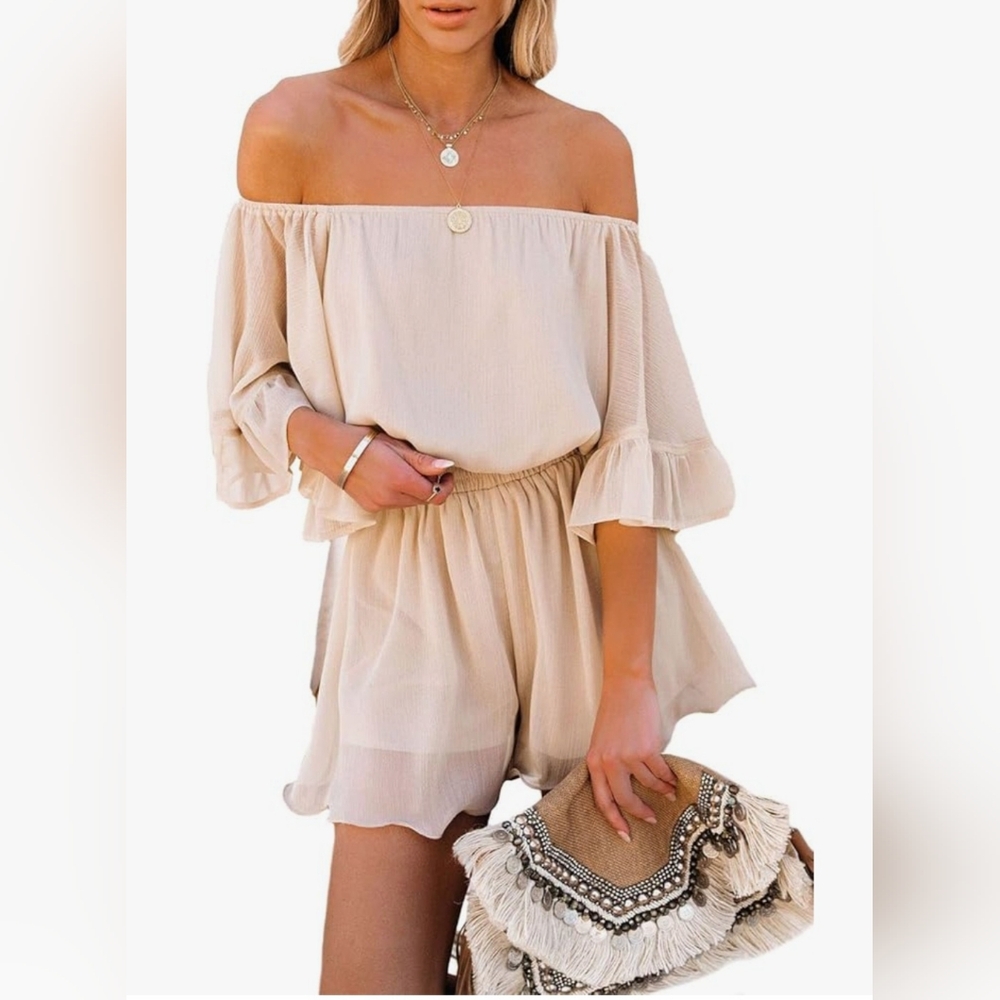 Selowin Off Shoulder Boho Ruffle Hem Shorts Romper